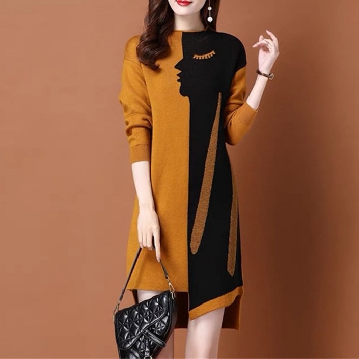 미미앤느 여성 유니크 언발 라운드넥 긴팔 니트 배색 가을 겨울 중년 외출복 미니원피스