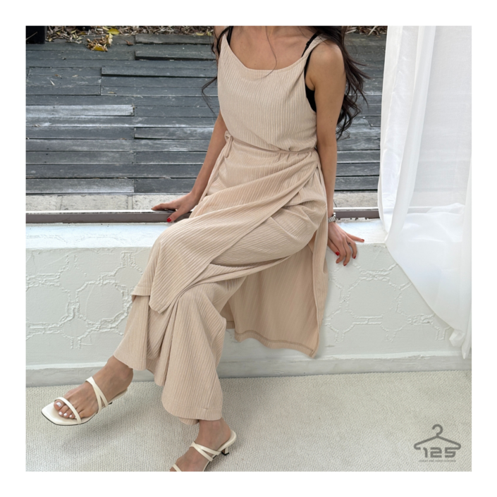 바이일이오 여성 플리츠 슬릿 레이어드 원피스 뷔스티에 여름 긴바지 밴딩팬츠 셋업