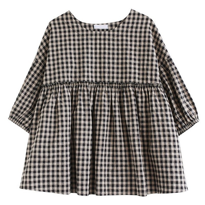 티티웍스 여성 귀여운 퍼프소매 셔링 A라인 체크 블라우스 동안룩 아방핏 신상