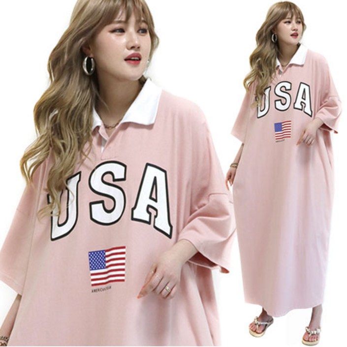 현이네  USA 카라 반팔롱 원피스 55120 까지착용  5 컬러  6XL