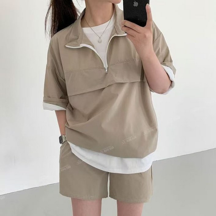 남녀공용 오버핏 여름 반팔 아노락 반집업 스판 반바지 세트 셋업