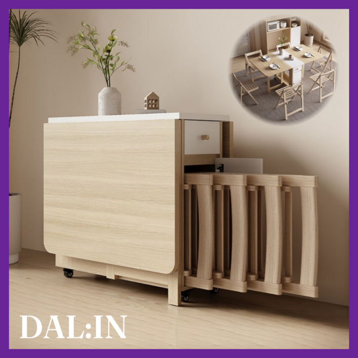 DALIN 공간활용 접이식 식탁 2인용 4인용 테이블 폴딩 간이 밥상 확장형 거실 책상, 4인용, 8번) 화이트 (의자6개)