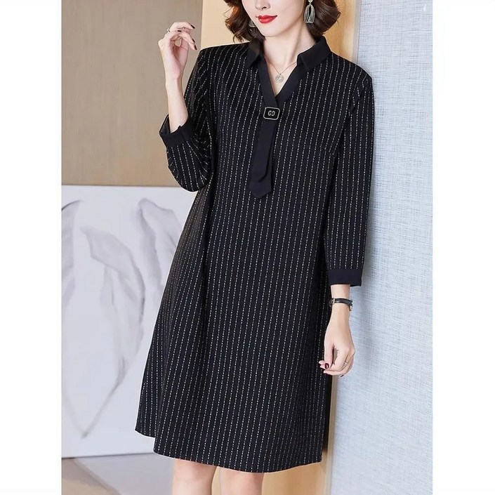 COSYEVNO 여성 봄가을 긴팔 A라인 원피스 스트라이프 카라 장식 LFHmmlyq4