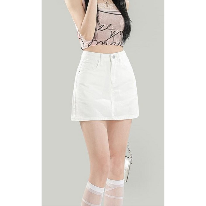 이로울 현이 여성 화이트 핑크 청치마 미니 스커트