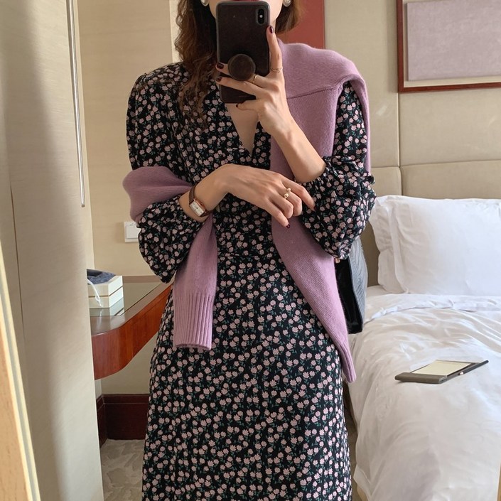 루어스룸 공드리 플라워 가을 브이넥 랩스타일 어깨 셔링 긴팔 나염 여리 롱원피스