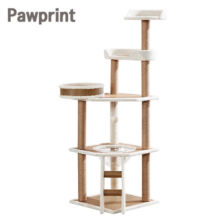 Pawprint 캣타워 고양이에게 안정적이고 넓은 공간 제공, 스크래처로 발톱 관리 가능, 튼튼한 내구성으로 오래 사용, 심플 디자인으로 거실 및 작은 공간에 적합