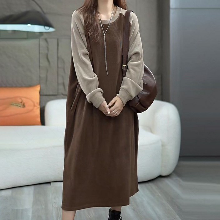꽃소담 여자 빅사이즈 루즈핏 맨투맨원피스 기모 오버핏맨투맨 L889
