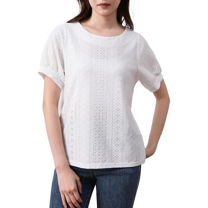 YAMANMAN 여성 탄력 레이스 니트 티셔츠 루즈핏 통기성 반팔티