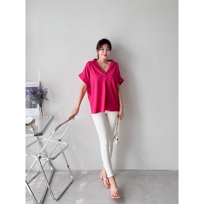 카라한 여성 여름 패션 루즈핏 브이넥 카라 데일리 셔츠 블라우스