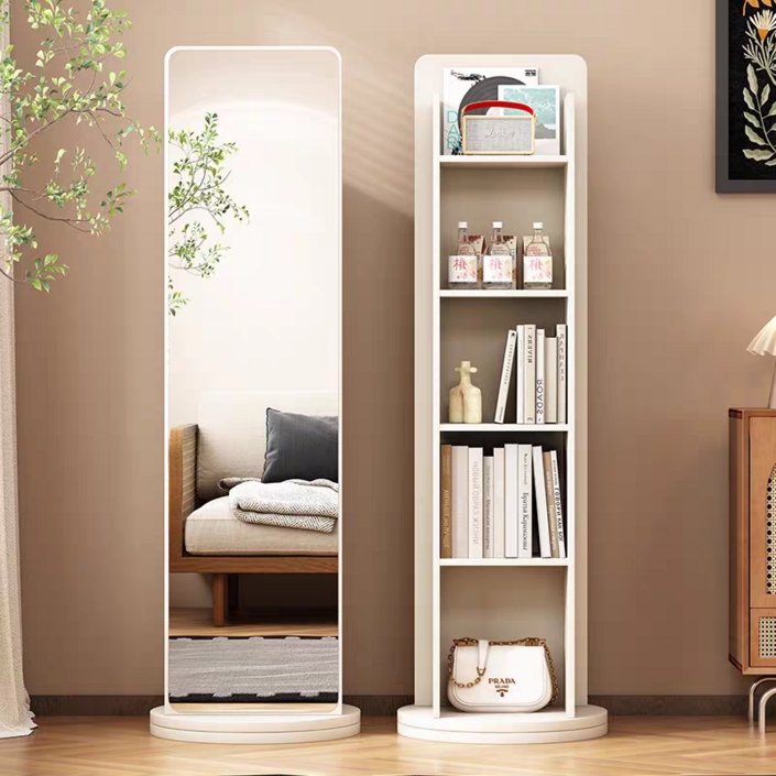 BYOU 원목 전신거울 인테리어 전신거울 360도 양쪽 회전 4단책장, 화이트