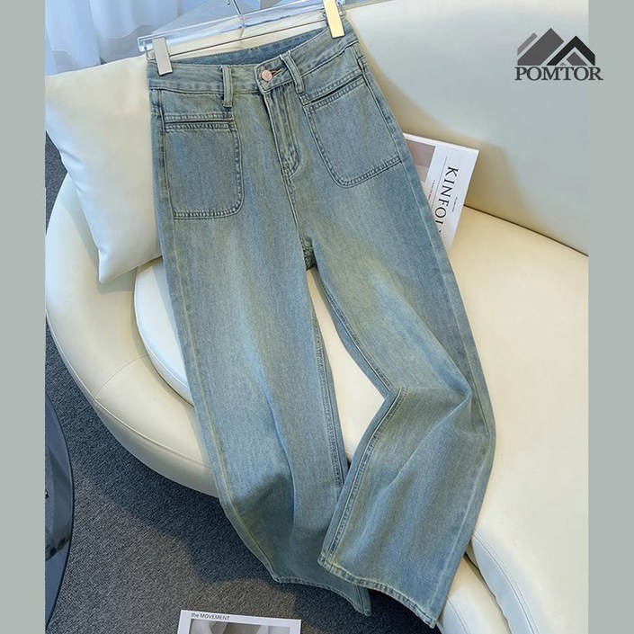 POMTOR 여성 와이드 데님 팬츠 봄가을 데일리 통청바지