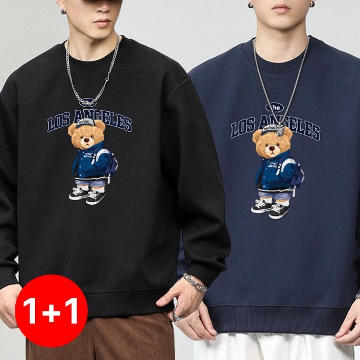 112장세트스타일아유 남성 빅사이즈 오버핏 맨투맨 320G면질 라운드넥 로스앤젤레스 레터링 프린트 가을겨울 데일리룩 티셔츠 TS3801