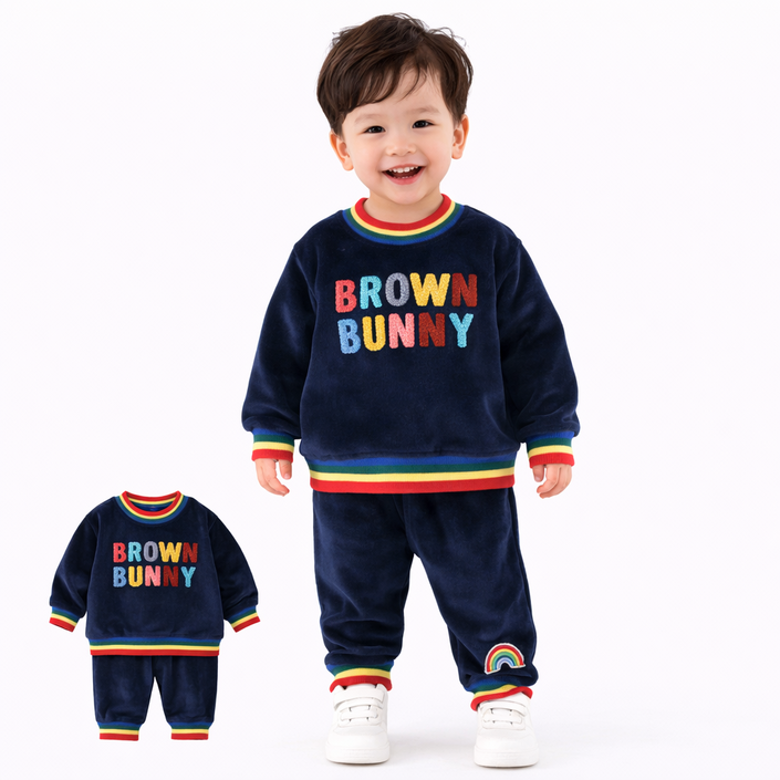 유아동 레인보우 배색 컬러 레터링 자수 맨투맨 조거팬츠 상하세트 남녀공용 봄가을 아동 등원룩