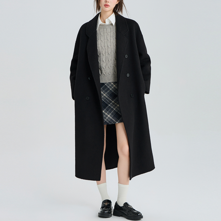 NUNUHANA 여성 가을 겨울 오버핏 롱 카라넥 모직 코트