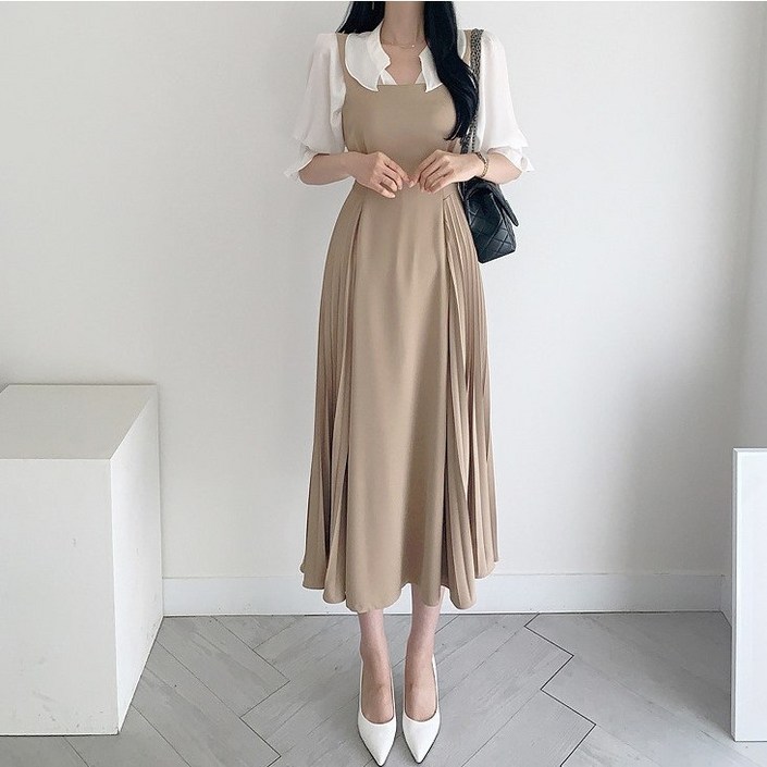 오늘출발 엘텍몰 스퀘어넥 뷔스티에 플리츠 원피스