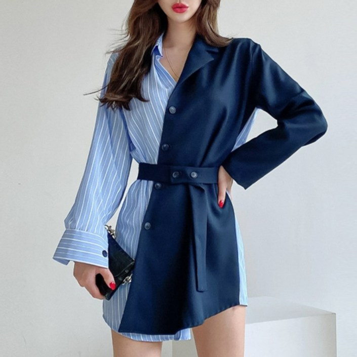 나의셀렉 투톤 언발란스 라인 싱글브레스트 벨티드 미니원피스