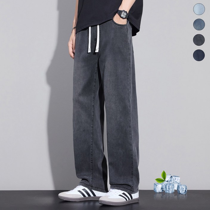 wassup 남자 밴딩청바지 여름용 얇은 텐셀데님팬츠 일자핏 밴딩청바지 일자핏 통바지