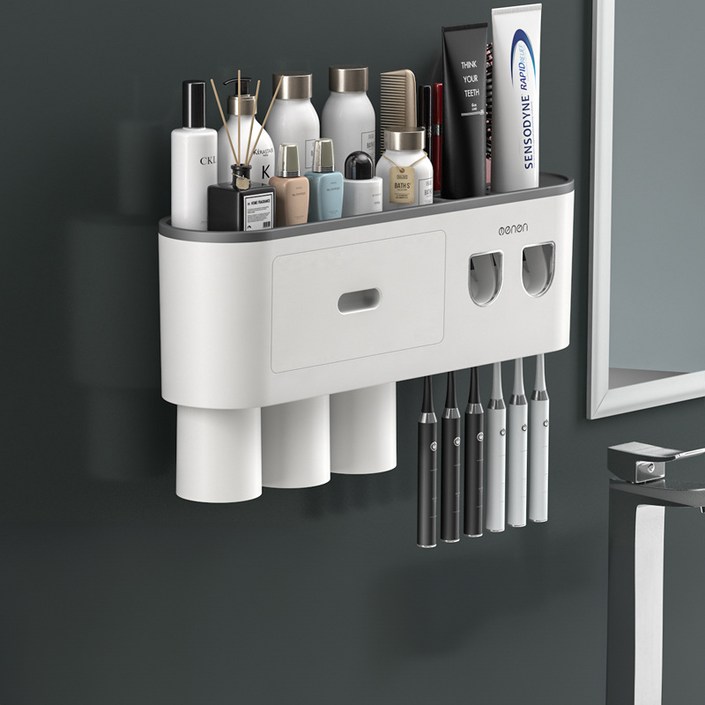 치약 칫솔걸이 거치대 치약 치솔 디스펜서 무타공 칫솔꽂이, 그레이, 1개