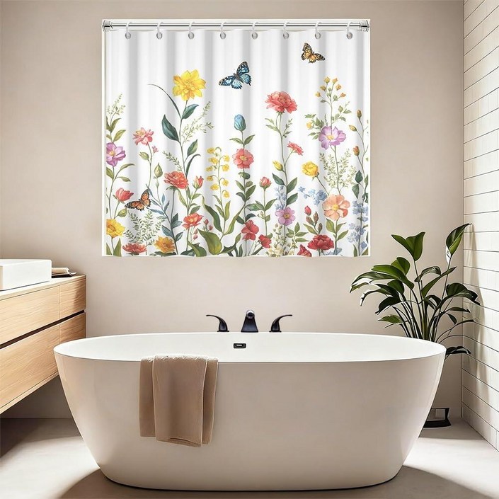 짧은 샤워 커튼, 수채화 그린 리프 데이지 나비 욕조 커튼 세트 후크 포함 방수 워킨 또는 스텝 인 욕조용 182.9 x 121.9cm72 48인치154815