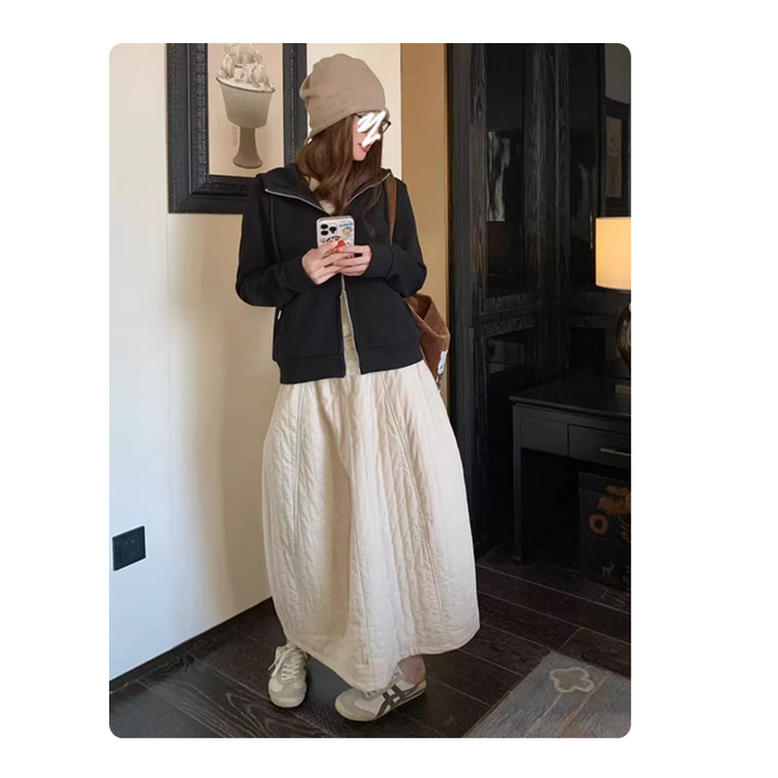 쌍천 패딩 롱 스커트 여성겨울스커트  겨울 밴딩 누빔 퀼팅 패딩 롱치마 바람막이 보온 방한 치마   A25101012