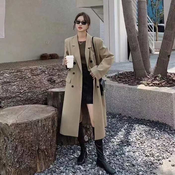 COSYEVNO 여성 트렌치코트 가을 캐주얼 코트 스쿨룩 더블 시크 데일리 통근 롱 스트레이트 CXnsfy3