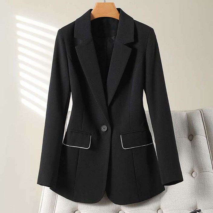 TIMEPURE 봄 가을 여성 심플 정장 자켓 아우터 프리미엄 정장 허리 조임 블랙과 화이트 클래식 슬림 긴팔 데일리룩과 직장 겸비 아이템 원버튼 디자인