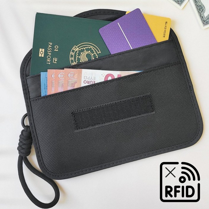 원해아 RFID차단 안티스키밍 여권파우치  스트랩, 블랙A, 1세트