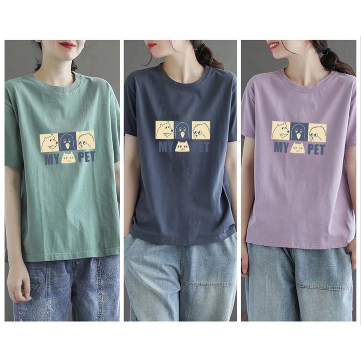 레노이 3장 여름 여성 반팔 티셔츠 패션 라운드 루즈핏