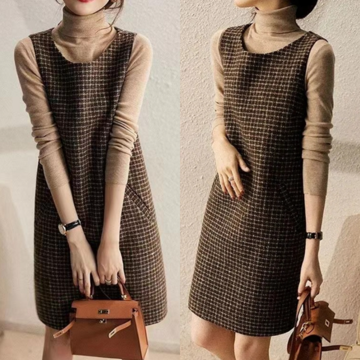 Asure 여성 원피스 모직 원피스 트위드 조끼 베스트 원피스 캐주얼