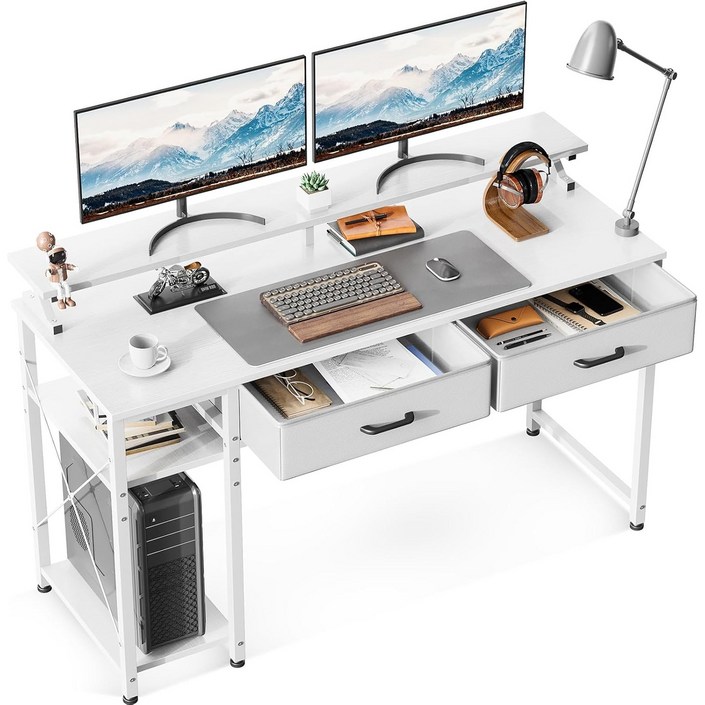 AODK 1인용 게이밍공부사무실 컴퓨터 책상,전면 일자형 학생 데스커,모니터 받침대서랍or키보드선반 선택 가능,좌우 교체 가능,1200, 화이트서랍장