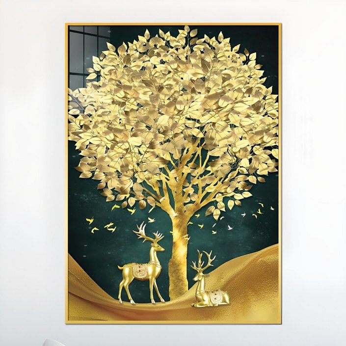 아트블루 부자되는 황금 코인 나무 그림 풍수 인테리어 소품 액자, 1번 커플 사슴 황금나무 청배경 세로