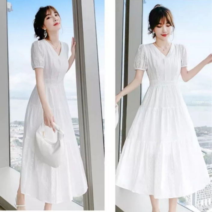 와이와이YY 브이넥 펀칭 자수 코튼 원피스 여성 여름 원피스