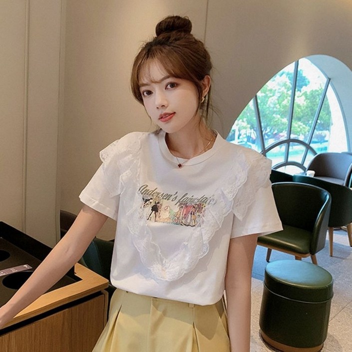 화이트 반팔티셔츠 여성 신상 여름 루즈핏 레이스 탑