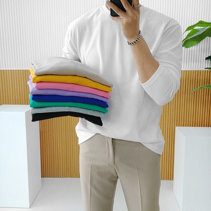 남자흰티 남자 오버핏 특양면 스판 라운드 무지 긴팔 티셔츠