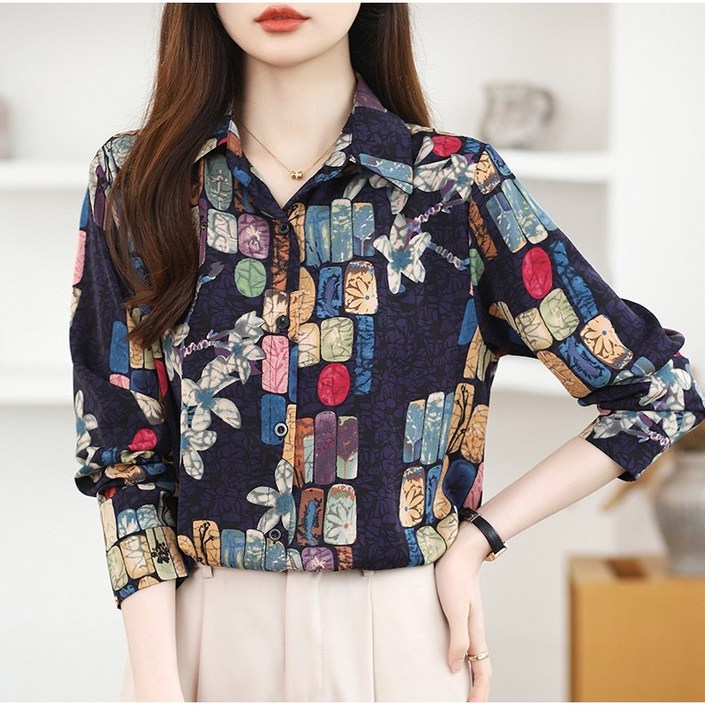 닥스키즈 여성 기하학 패턴 프린트 긴팔 블라우스긴팔 구김없는 카라넥 셔츠