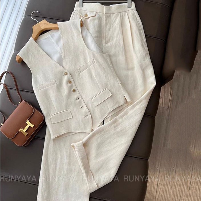 면 마 베스트 민소매 자켓  와이드 팬츠 뒤밴딩 통바지 투피스 린넨 상하의  D88U