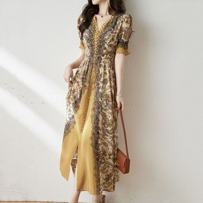 POMTOR 여름 반팔 플라워 원피스 브이넥 미디 기장 허리 슬림해 보이는 롱 스커트 여성 빅사이즈 셔츠 롱 원피스