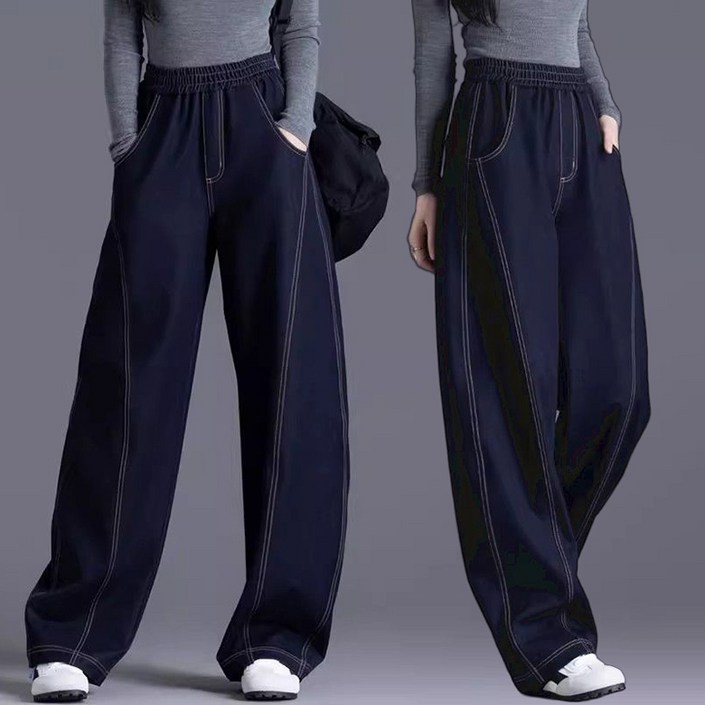 JUSTFEELING 허리밴딩 데님 청바지  와이드 여성 긴바지 봄 가을 하이웨이스트 편한 통바지 D10U