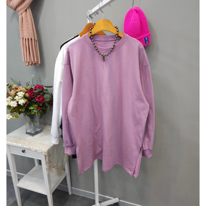 여성용 면100 긴팔 무지 밑단트임 라운드넥 박시핏 롱티셔츠