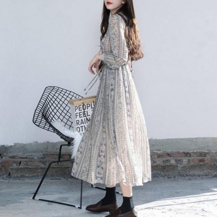 여성 꽃무늬 롱 드레스 허리 셔링 플라워 쉬폰 원피스