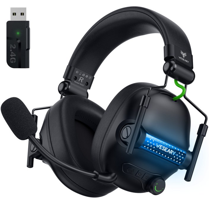 WESEARY WG2 무선 게이밍 헤드셋 PS4 PS5 헤드폰 2.4G 초지연 노이즈 캔슬링 마이크 3D 사운드 블루투스 5.4, 올블랙