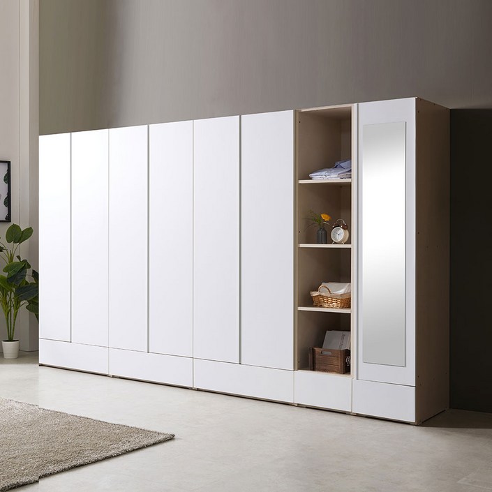 하이로 3670 오픈세트 수납옷장이불장2단옷봉장470오픈선반장470반문옷장 화이트 거울선택, 화이트