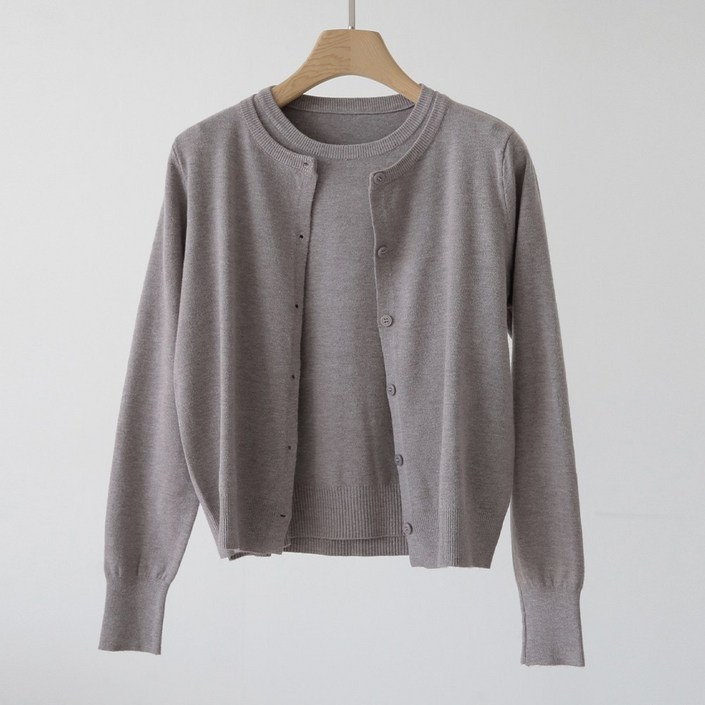 제니트 여성 페미닌 데일리 모던 여리핏 반팔 니트 긴팔 가디건 세트 라운드넥