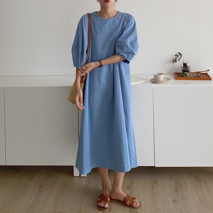 르비에 어반 데님 원피스 롱 봄 여름 원피스 청 셔링 원피스 진청 베이지