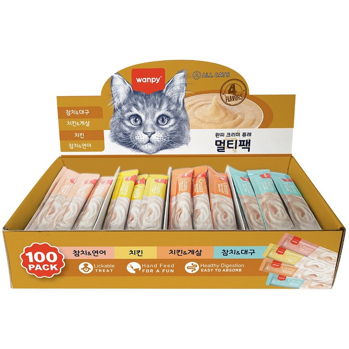 완피 크리미 퓨레 파우치, 100개, 14g, 혼합(치킨/연어/대구/치킨게살)