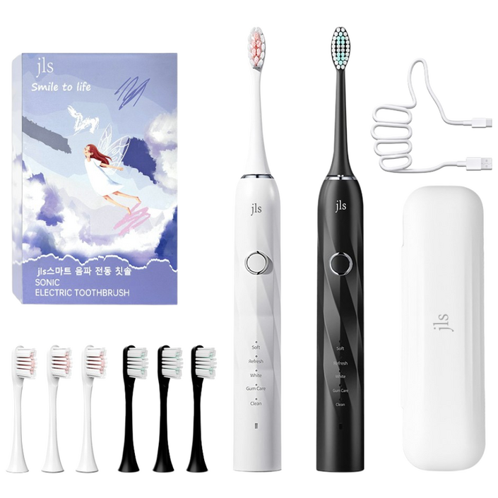 JLS 최신형 스마트 음파 전동칫솔 본체휴대케이스칫솔모 4개 200일 사용시간, T6, 블랙화이트, 2세트