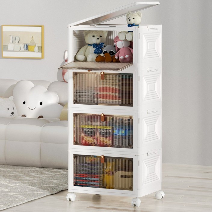 Ruesious 폴딩 대용량 리빙박스 수납장 대용량 수납 정리함 접이식 보관함 다용도 수납함 플라스틱 수납함 사물함 정리함 리빙박 스수납박스 대형가정용 장난감 수납장 옷정리함, 화이트, 4개