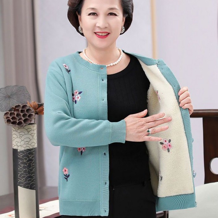 중장년층 고급 두 겹 플리스 카디건 가을 겨울 외투 기모 두꺼운 스웨터 엄마용 니트 할머니용 가을 의상 여성용 상의 겨울 의류 빅사이즈