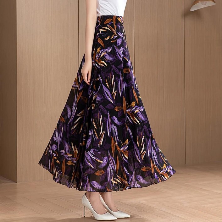 여름 스타일 붉은 꽃 쉬폰 롱 댄스 스커트 슬리밍 라인 미디 드레스 내부 안감 높은 허리 폴리 에스터 섬유