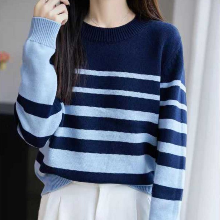 스트라이프 라운드넥 여성 긴팔 니트 줄무늬 오피스 캐주얼 심플 봄 가을 니트티 스웨터